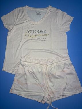 NWOT Danskin Cream & Gold 'Choose Happiness' Short Pajama Set Medium